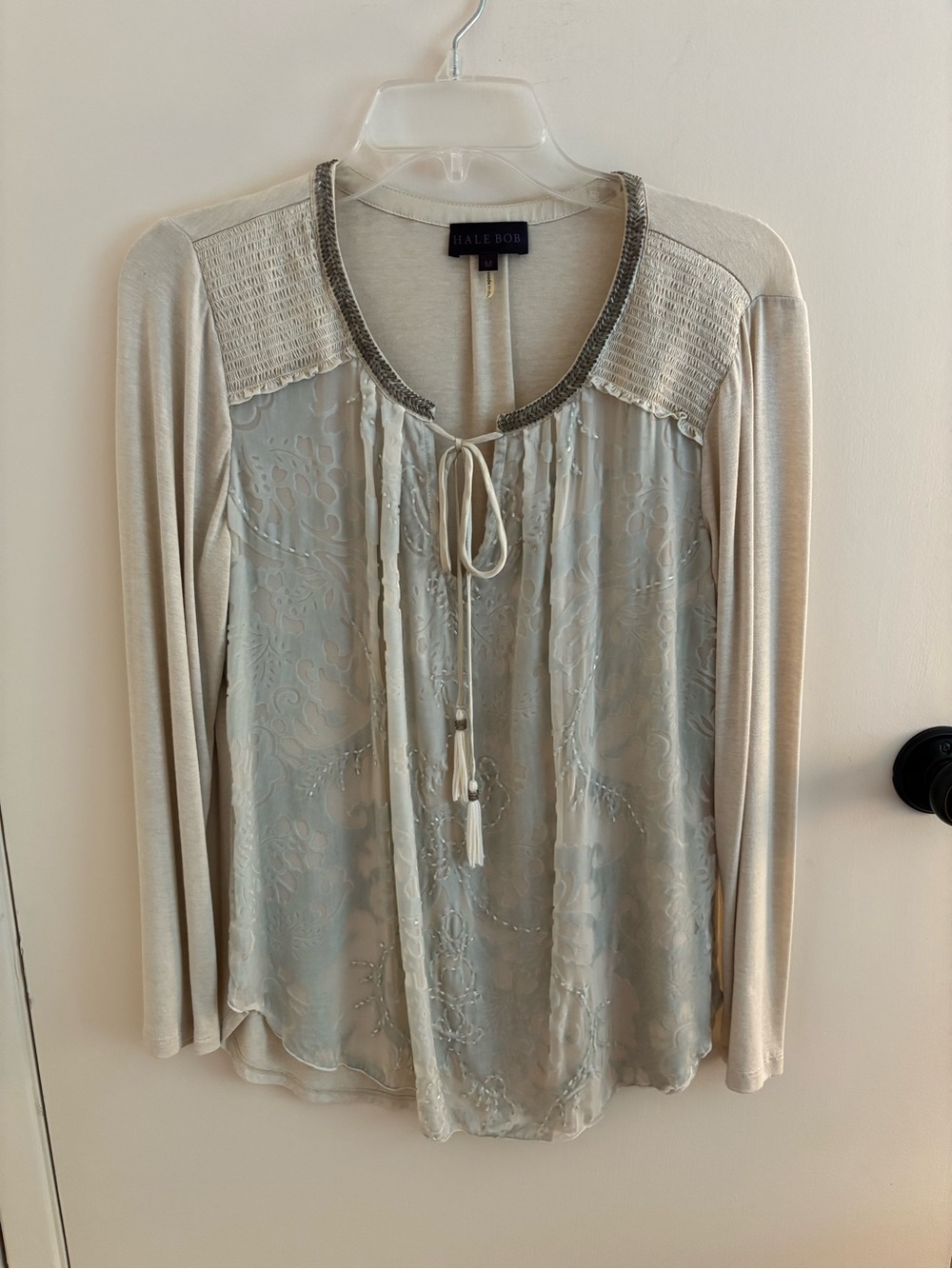 Hale Bob Cream Embellished Long-Sleeve Tie-Neck Blouse